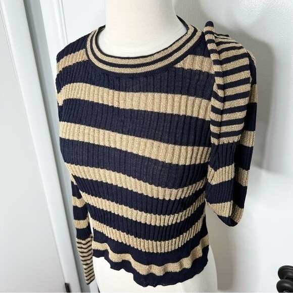 Zara Knit Top Navy and Metallic Gold Stripe Long Sleeve Crop Stretch - Picture 2 of 7